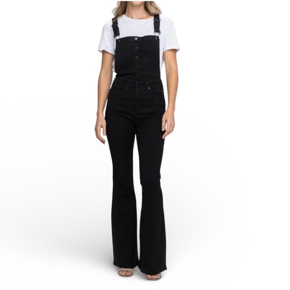 Judy Blue Tummy Control Retro Flare Black Overalls Denim Jumpsuit Size Large - Picture 5 of 16
